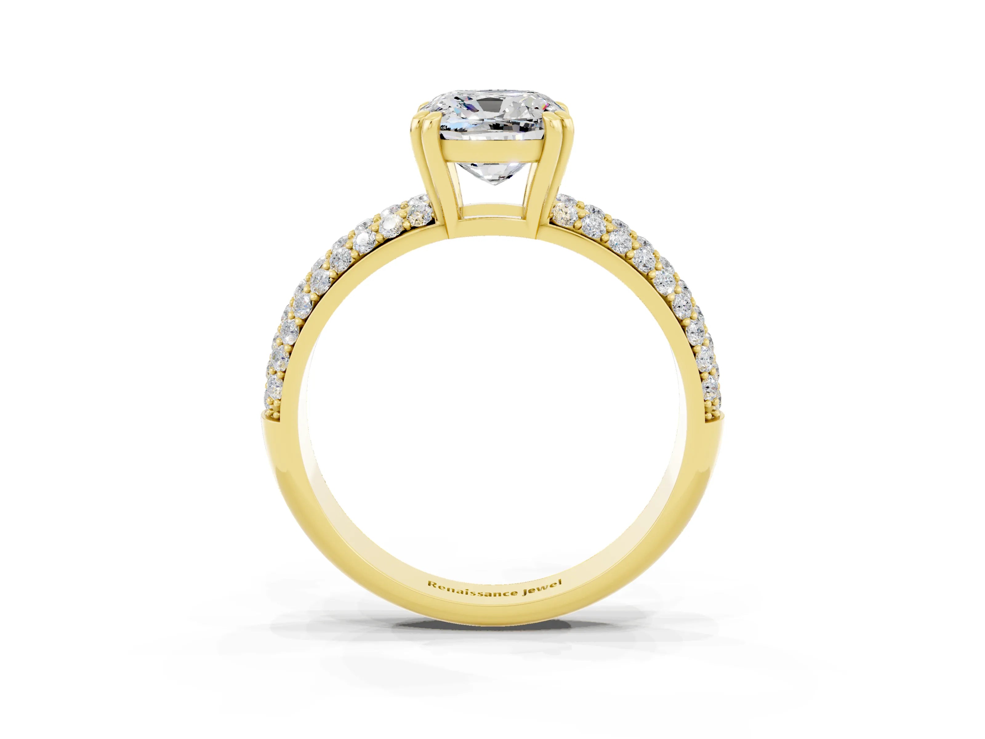 Yellow gold Cushion Cut Cut Pave Diamond Engagement Ring with Channel Set Band and Four-Prong Setting_3