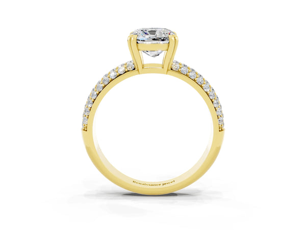 Yellow gold Cushion Cut Moissanite Solitaire Ring with Multi-Row Round Pavé Band and Prong Setting