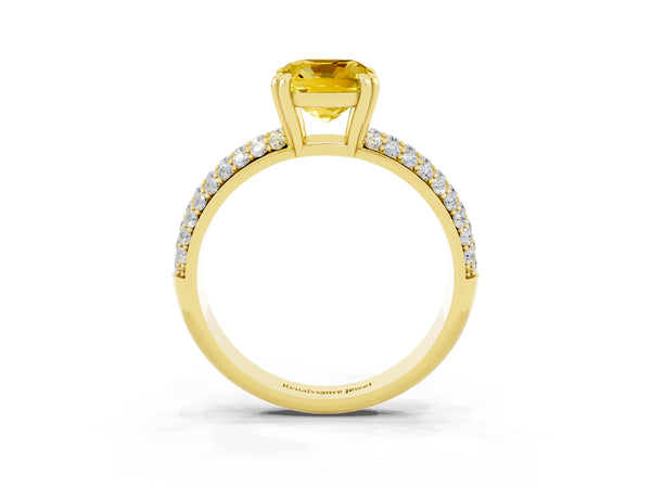 Yellow gold Cushion Cut Yellow Sapphire Solitaire Ring with Multi-Row Round Pavé Band and Prong Setting