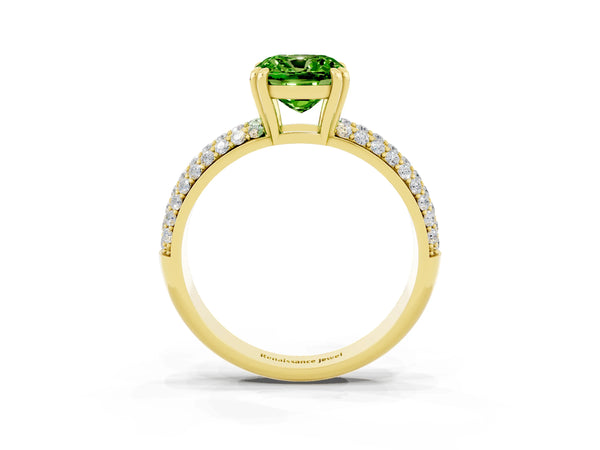 Yellow gold Cushion Cut Cut Pave Diamond Engagement Ring with Channel Set Band and Four-Prong Setting