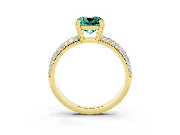 Yellow gold Cushion Cut Green Sapphire Solitaire Ring with Multi-Row Round Pavé Band and Prong Setting