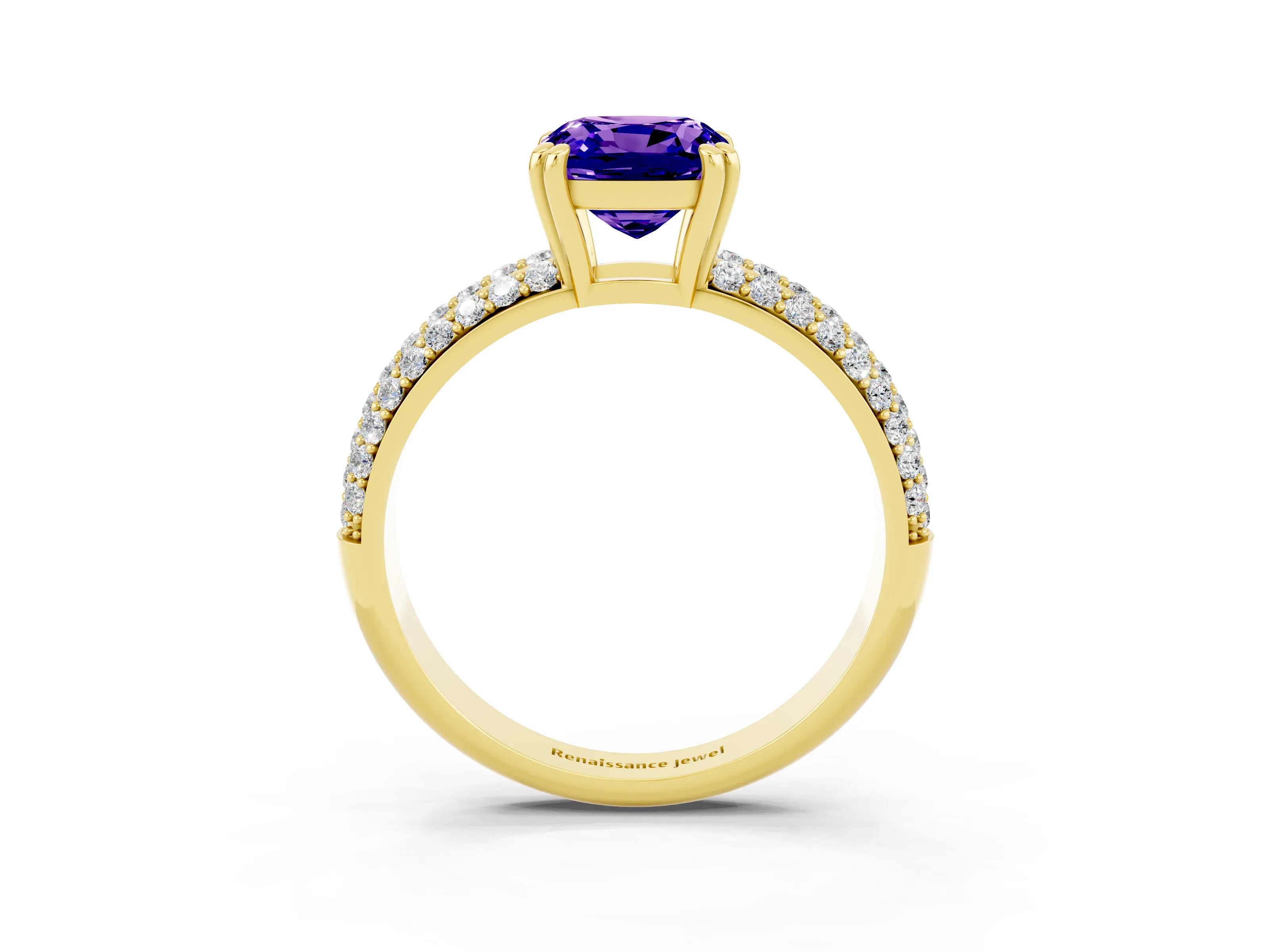 Yellow gold Cushion Cut Cut Pave Diamond Engagement Ring with Channel Set Band and Four-Prong Setting_3