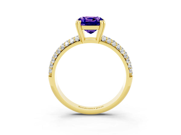 Yellow gold Cushion Cut Tanzanite Solitaire Ring with Multi-Row Round Pavé Band and Prong Setting