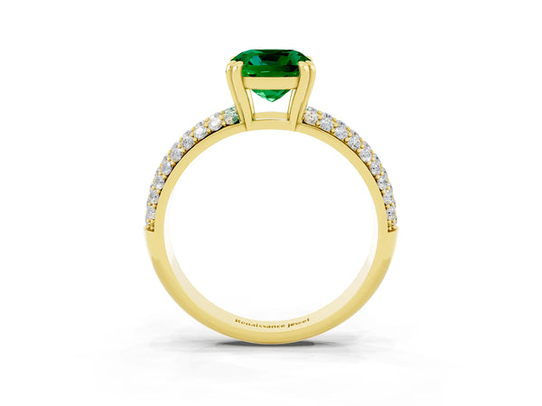 Yellow gold Cushion Cut Emerald Solitaire Ring with Multi-Row Round Pavé Band and Prong Setting