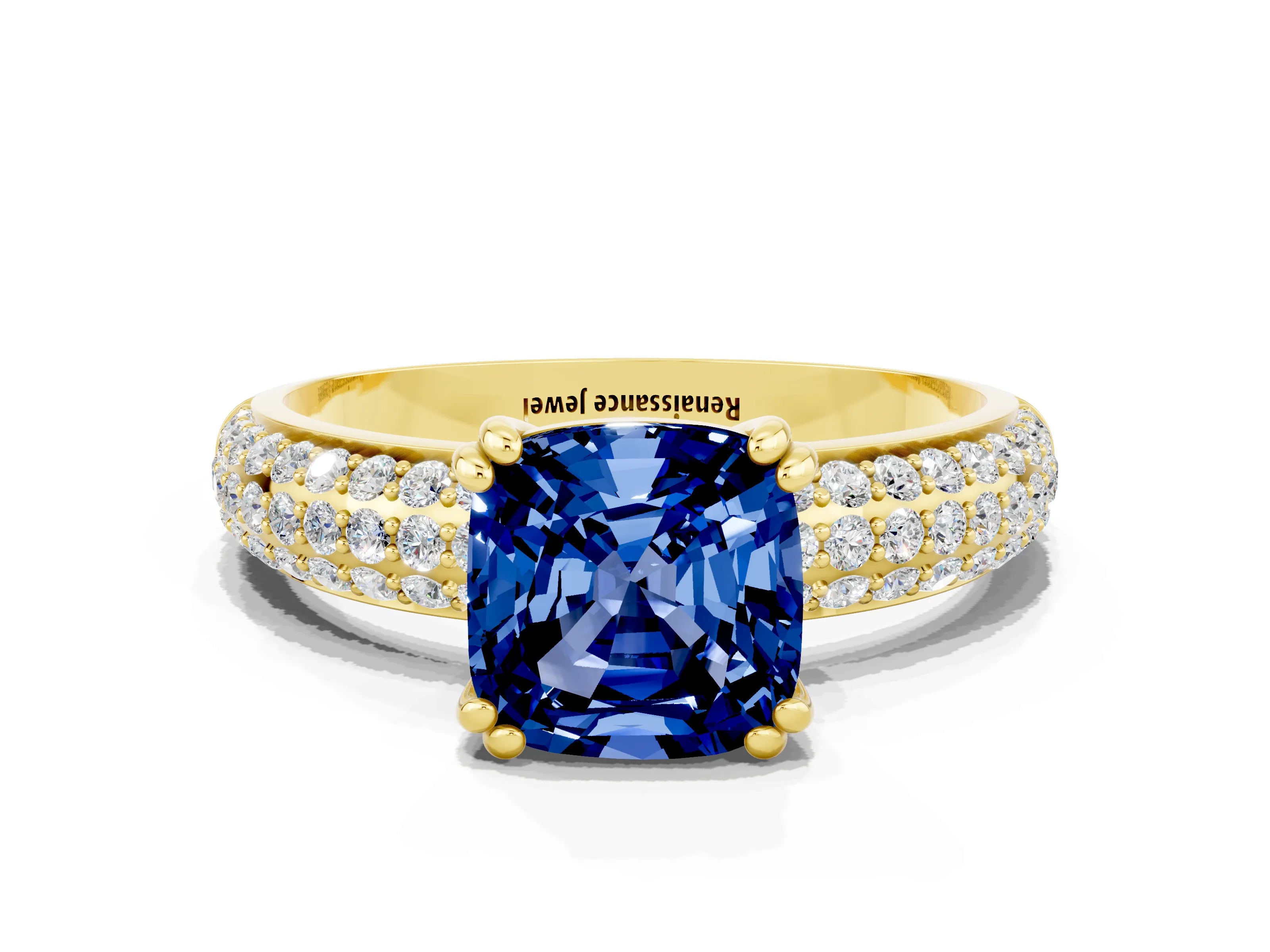 Yellow gold Cushion Cut Cut Pave Diamond Engagement Ring with Channel Set Band and Four-Prong Setting