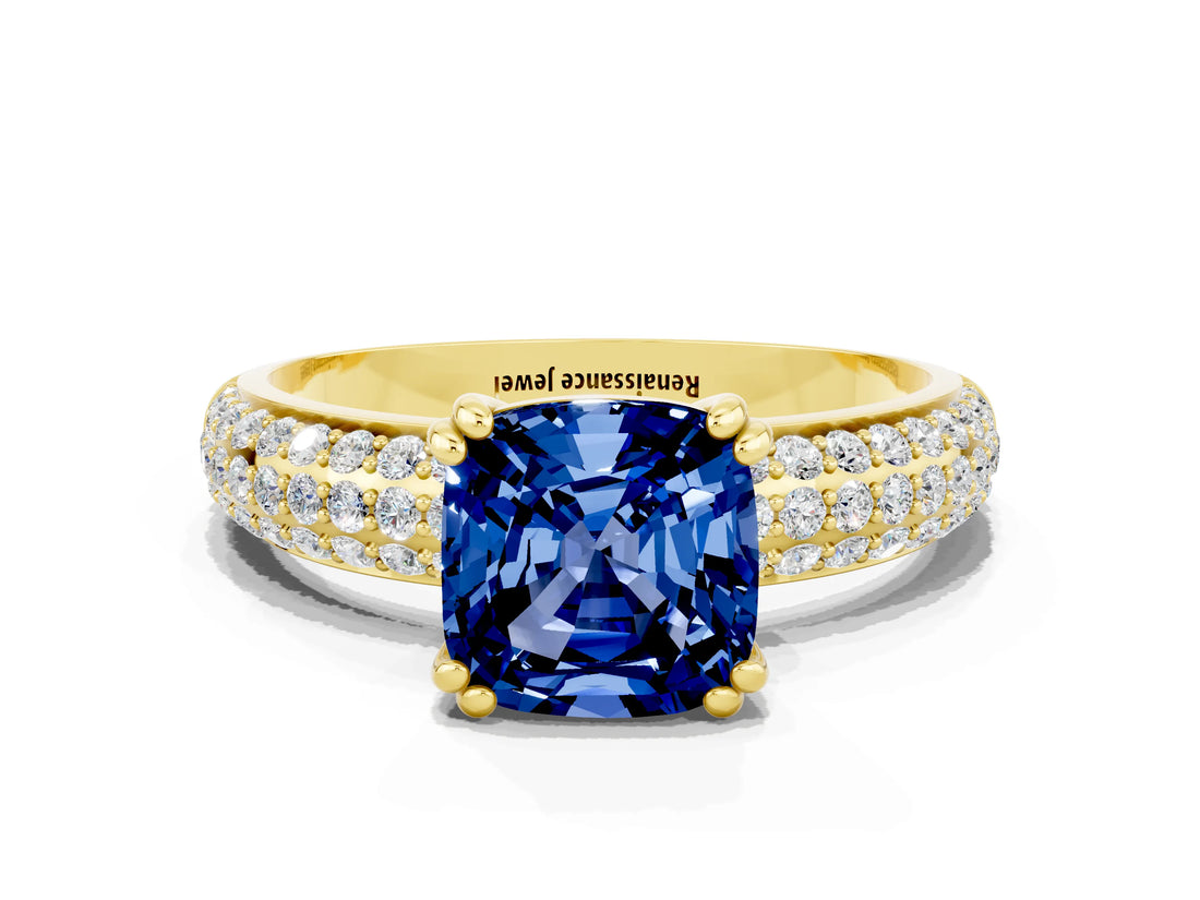 Yellow gold Cushion Cut Cut Pave Diamond Engagement Ring with Channel Set Band and Four-Prong Setting