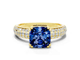 Yellow gold Cushion Cut Cut Pave Diamond Engagement Ring with Channel Set Band and Four-Prong Setting