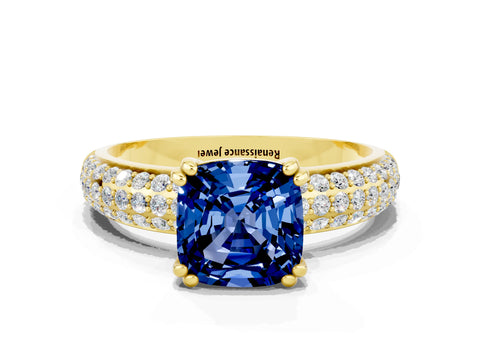 Yellow gold Cushion Cut Cut Pave Diamond Engagement Ring with Channel Set Band and Four-Prong Setting