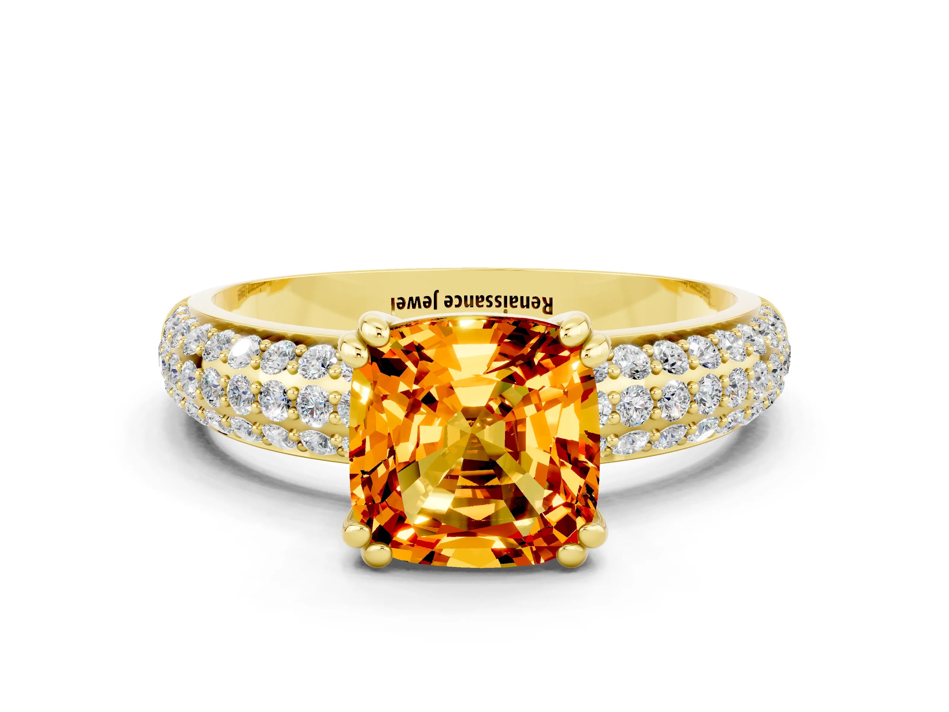 Yellow gold Cushion Cut Cut Pave Diamond Engagement Ring with Channel Set Band and Four-Prong Setting