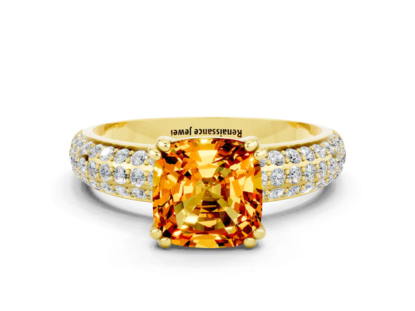 Yellow gold Cushion Cut Citrine Solitaire Ring with Multi-Row Round Pavé Band and Prong Setting