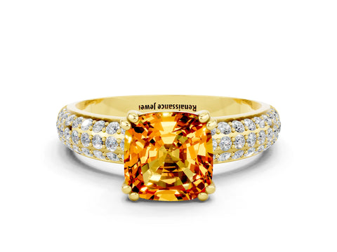 Yellow gold Cushion Cut Cut Pave Diamond Engagement Ring with Channel Set Band and Four-Prong Setting
