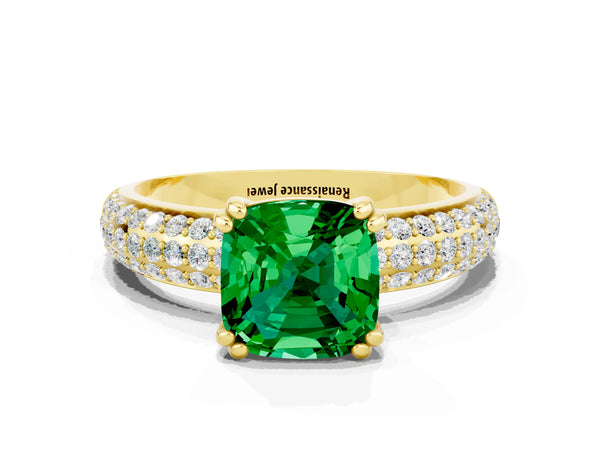 Yellow gold Cushion Cut Emerald Solitaire Ring with Multi-Row Round Pavé Band and Prong Setting