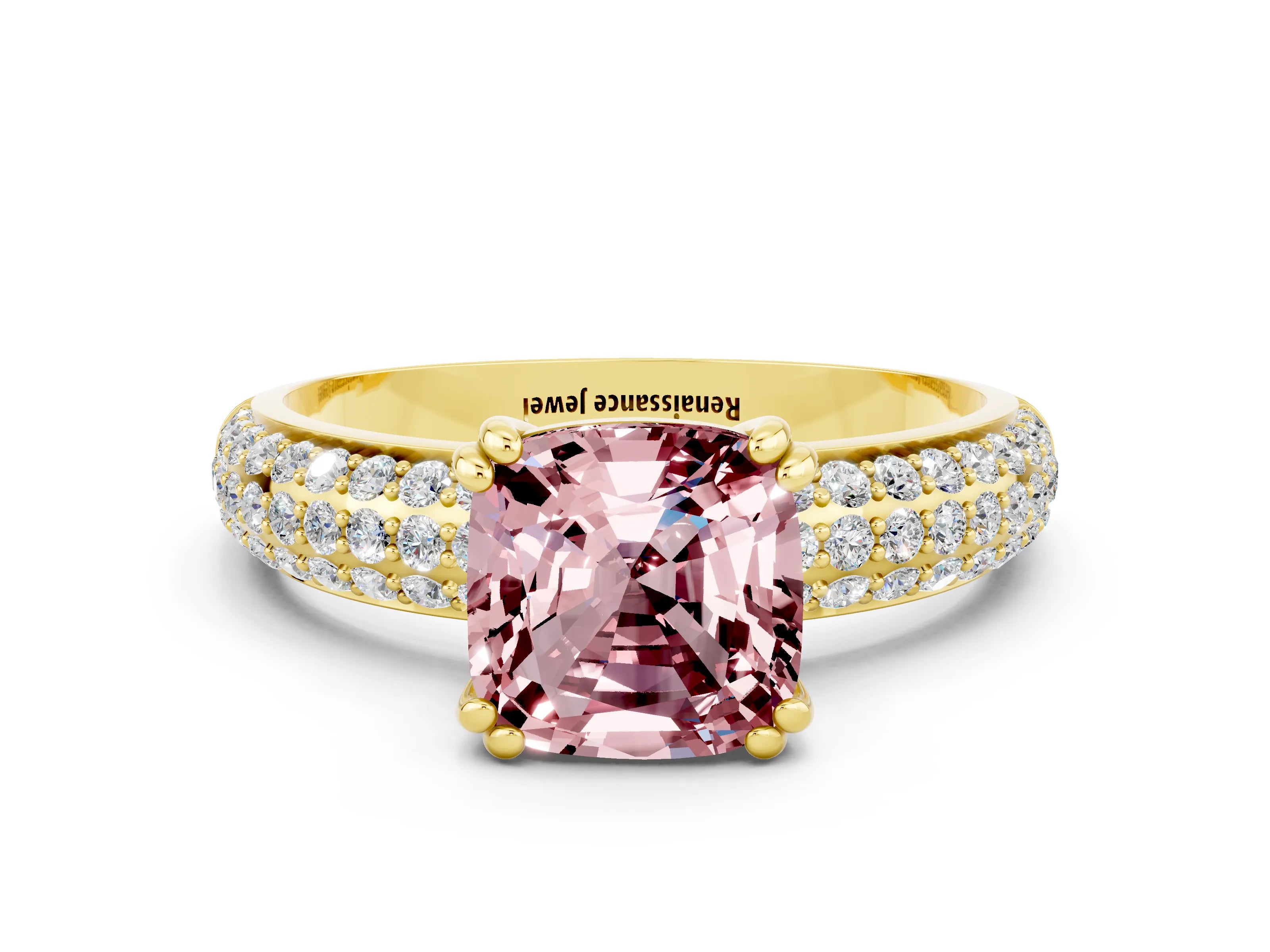 Yellow gold Cushion Cut Cut Pave Diamond Engagement Ring with Channel Set Band and Four-Prong Setting