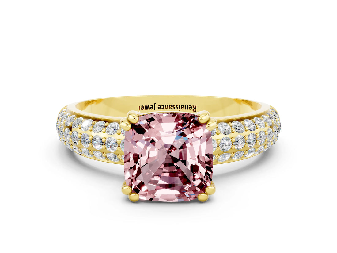 Yellow gold Cushion Cut Cut Pave Diamond Engagement Ring with Channel Set Band and Four-Prong Setting