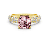 Yellow gold Cushion Cut Cut Pave Diamond Engagement Ring with Channel Set Band and Four-Prong Setting