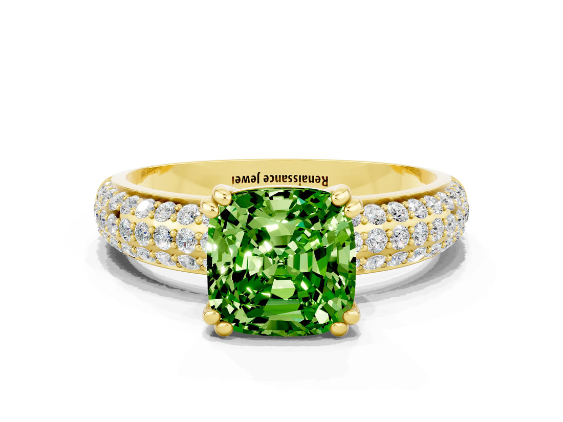Yellow gold Cushion Cut Cut Pave Diamond Engagement Ring with Channel Set Band and Four-Prong Setting