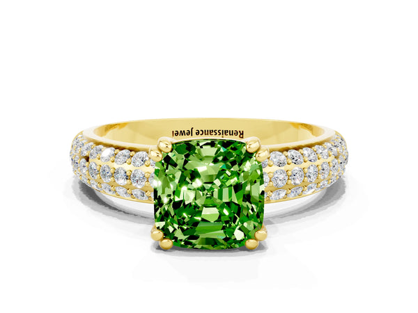 Yellow gold Cushion Cut Cut Pave Diamond Engagement Ring with Channel Set Band and Four-Prong Setting