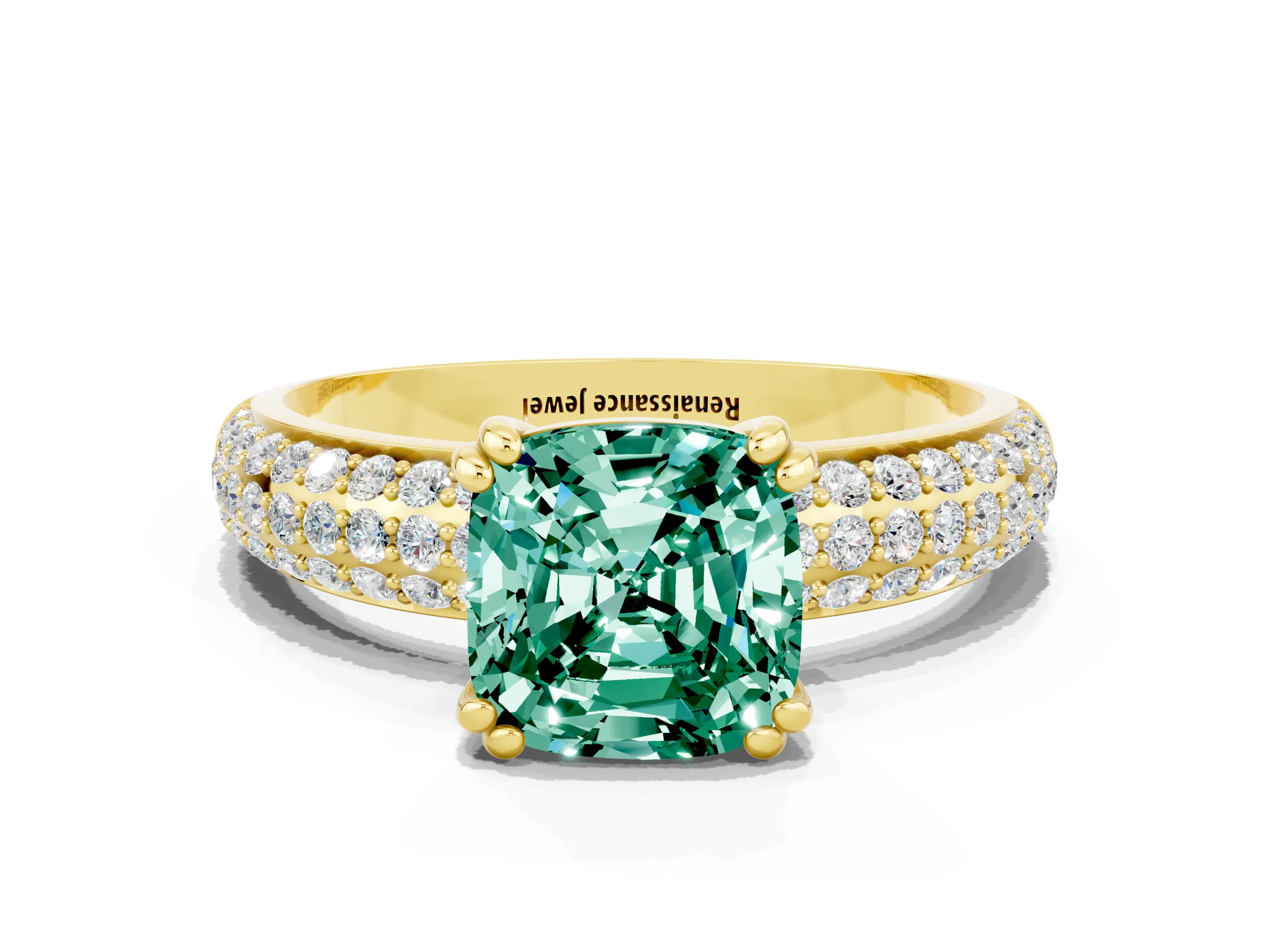 Yellow gold Cushion Cut Cut Pave Diamond Engagement Ring with Channel Set Band and Four-Prong Setting