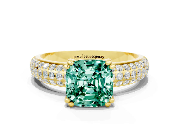 Yellow gold Cushion Cut Green Sapphire Solitaire Ring with Multi-Row Round Pavé Band and Prong Setting