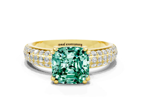 Yellow gold Cushion Cut Cut Pave Diamond Engagement Ring with Channel Set Band and Four-Prong Setting