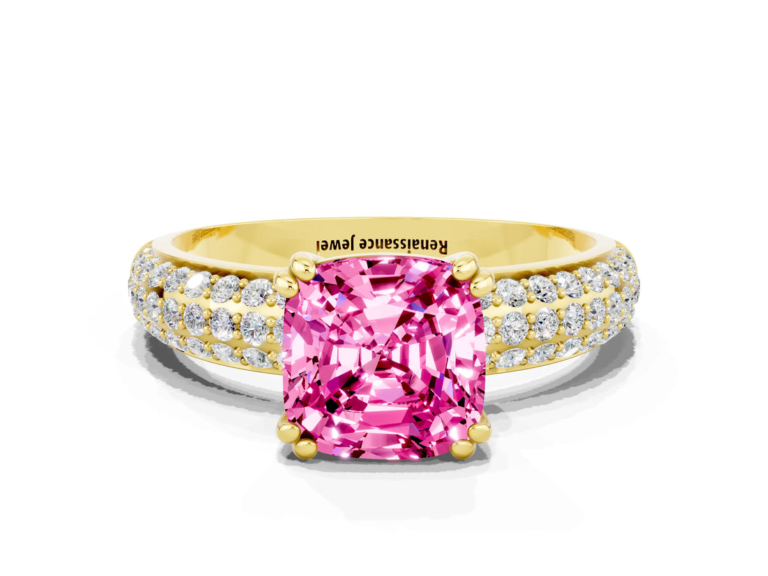 Yellow gold Cushion Cut Cut Pave Diamond Engagement Ring with Channel Set Band and Four-Prong Setting