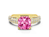 Yellow gold Cushion Cut Cut Pave Diamond Engagement Ring with Channel Set Band and Four-Prong Setting
