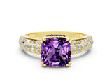 Yellow gold Cushion Cut Cut Pave Diamond Engagement Ring with Channel Set Band and Four-Prong Setting