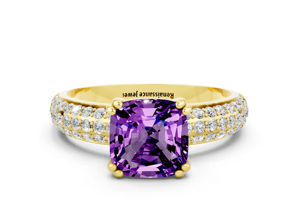 Yellow gold Cushion Cut Amethyst Solitaire Ring with Multi-Row Round Pavé Band and Prong Setting