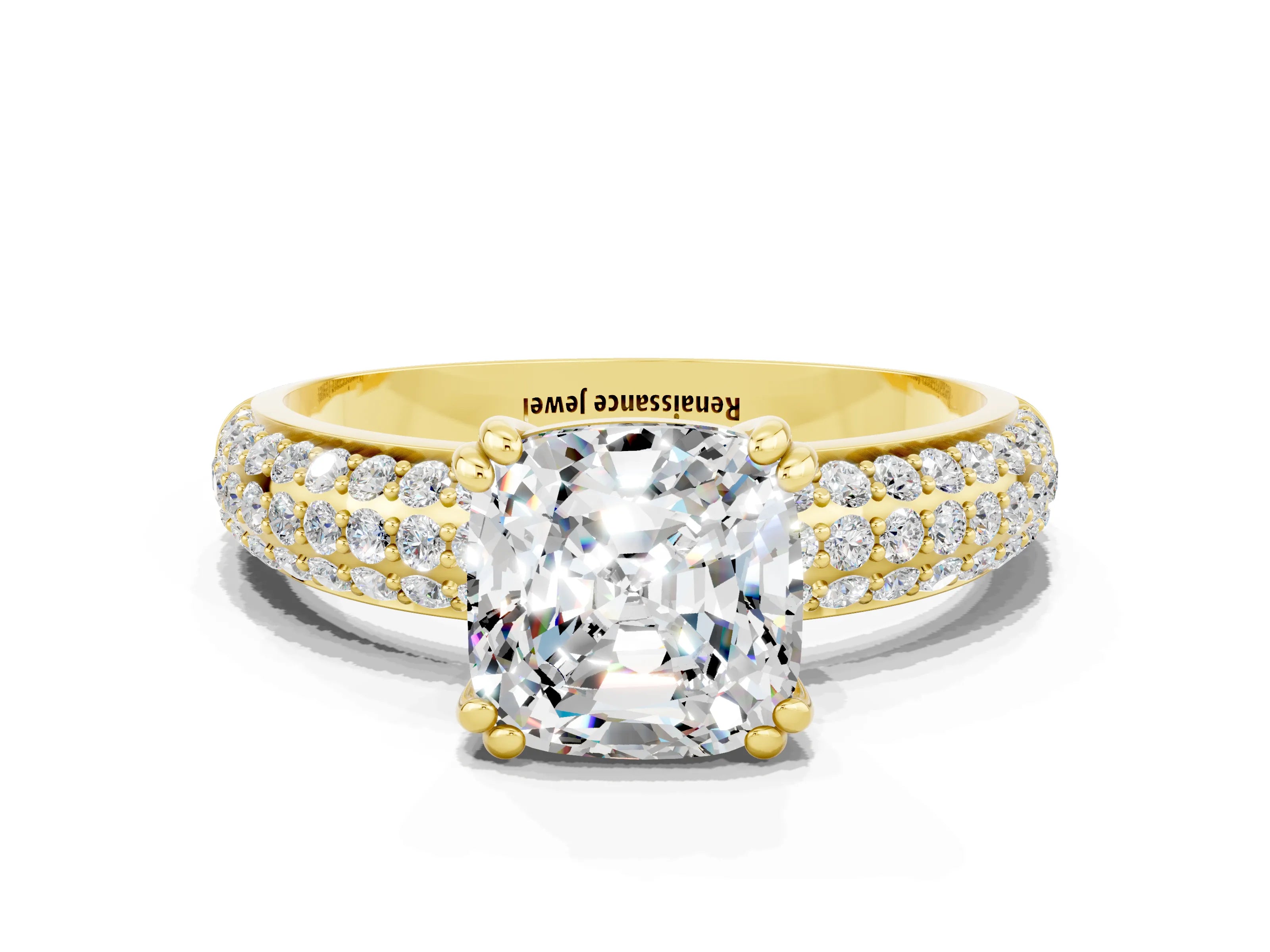 Yellow gold Cushion Cut Cut Pave Diamond Engagement Ring with Channel Set Band and Four-Prong Setting