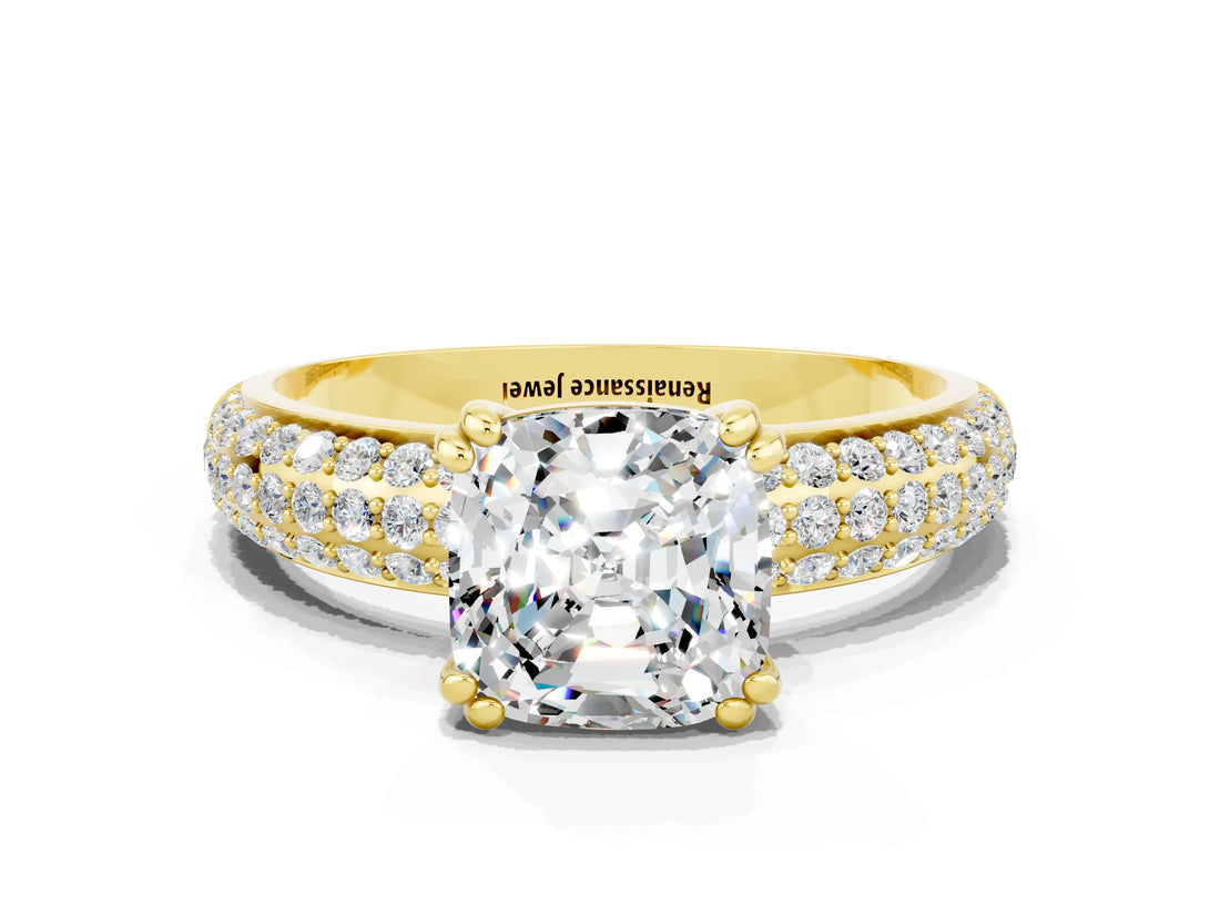 Yellow gold Cushion Cut Cut Pave Diamond Engagement Ring with Channel Set Band and Four-Prong Setting