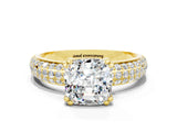 Yellow gold Cushion Cut Cut Pave Diamond Engagement Ring with Channel Set Band and Four-Prong Setting