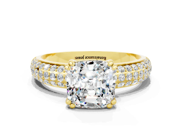 Yellow gold Cushion Cut Moissanite Solitaire Ring with Multi-Row Round Pavé Band and Prong Setting