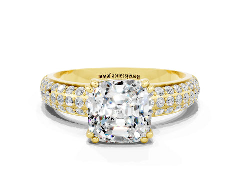 Yellow gold Cushion Cut Cut Pave Diamond Engagement Ring with Channel Set Band and Four-Prong Setting
