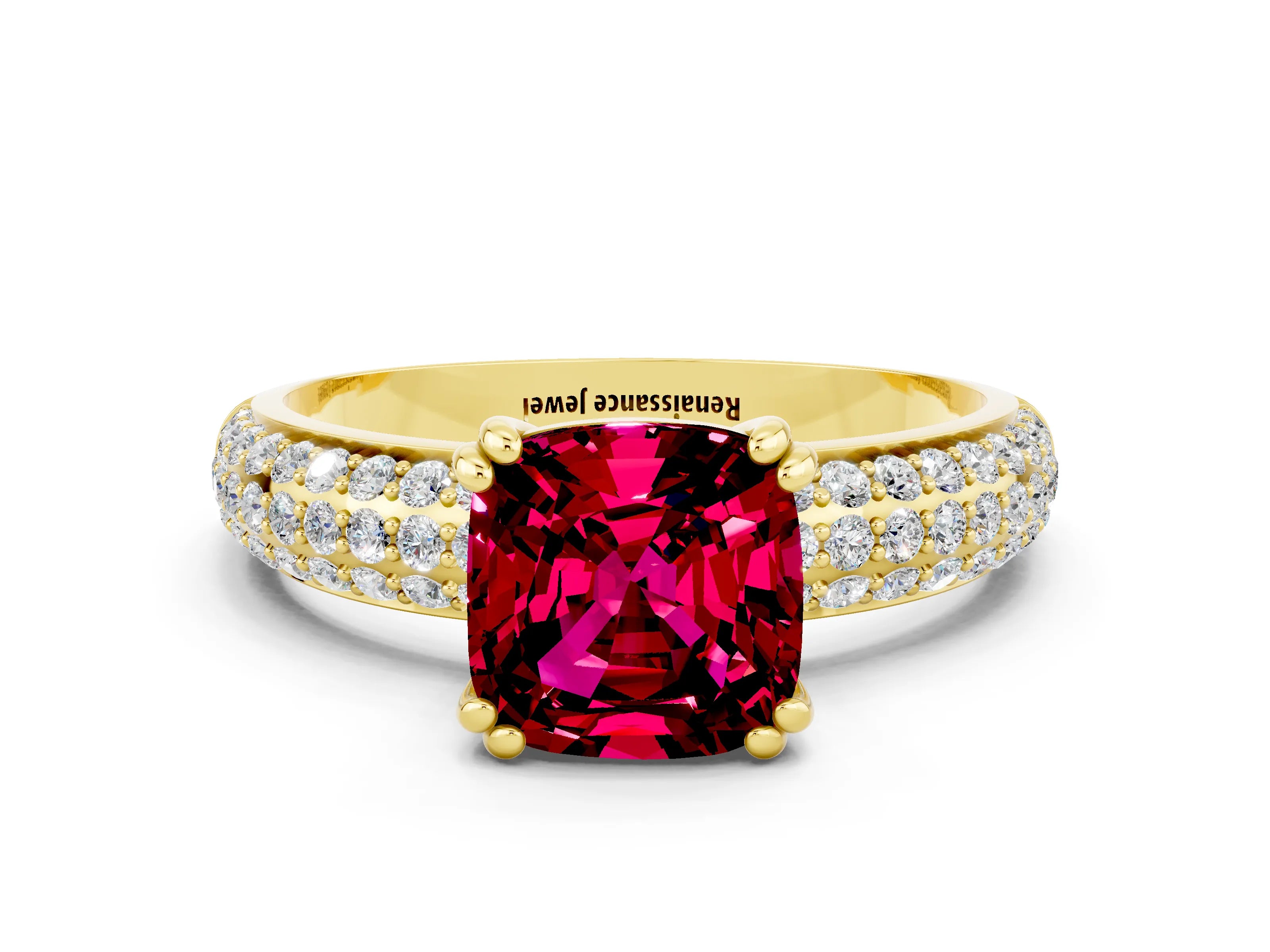 Yellow gold Cushion Cut Cut Pave Diamond Engagement Ring with Channel Set Band and Four-Prong Setting