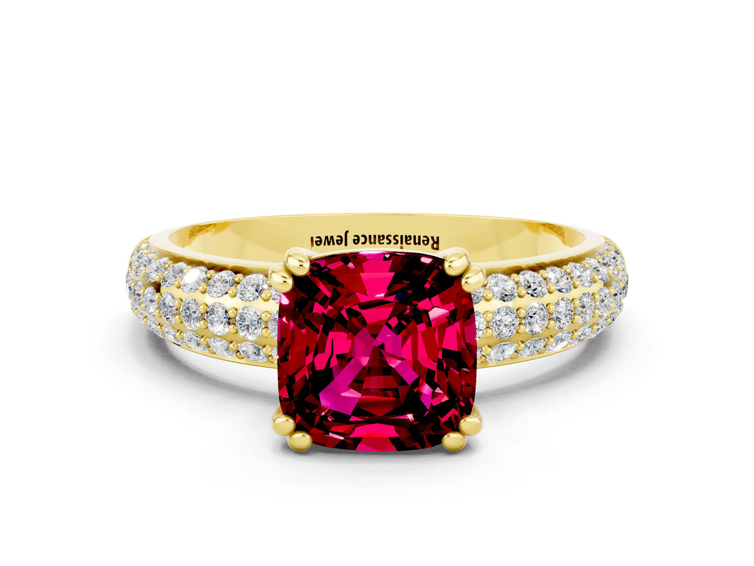 Yellow gold Cushion Cut Cut Pave Diamond Engagement Ring with Channel Set Band and Four-Prong Setting
