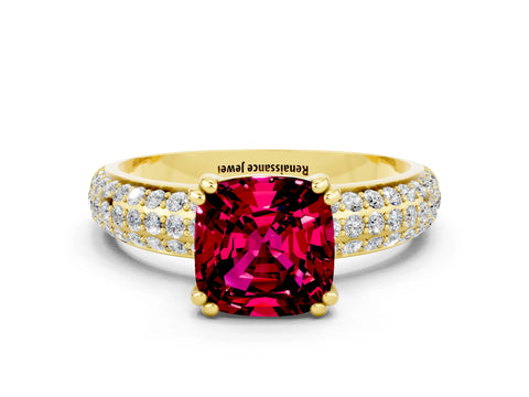 Yellow gold Cushion Cut Cut Pave Diamond Engagement Ring with Channel Set Band and Four-Prong Setting