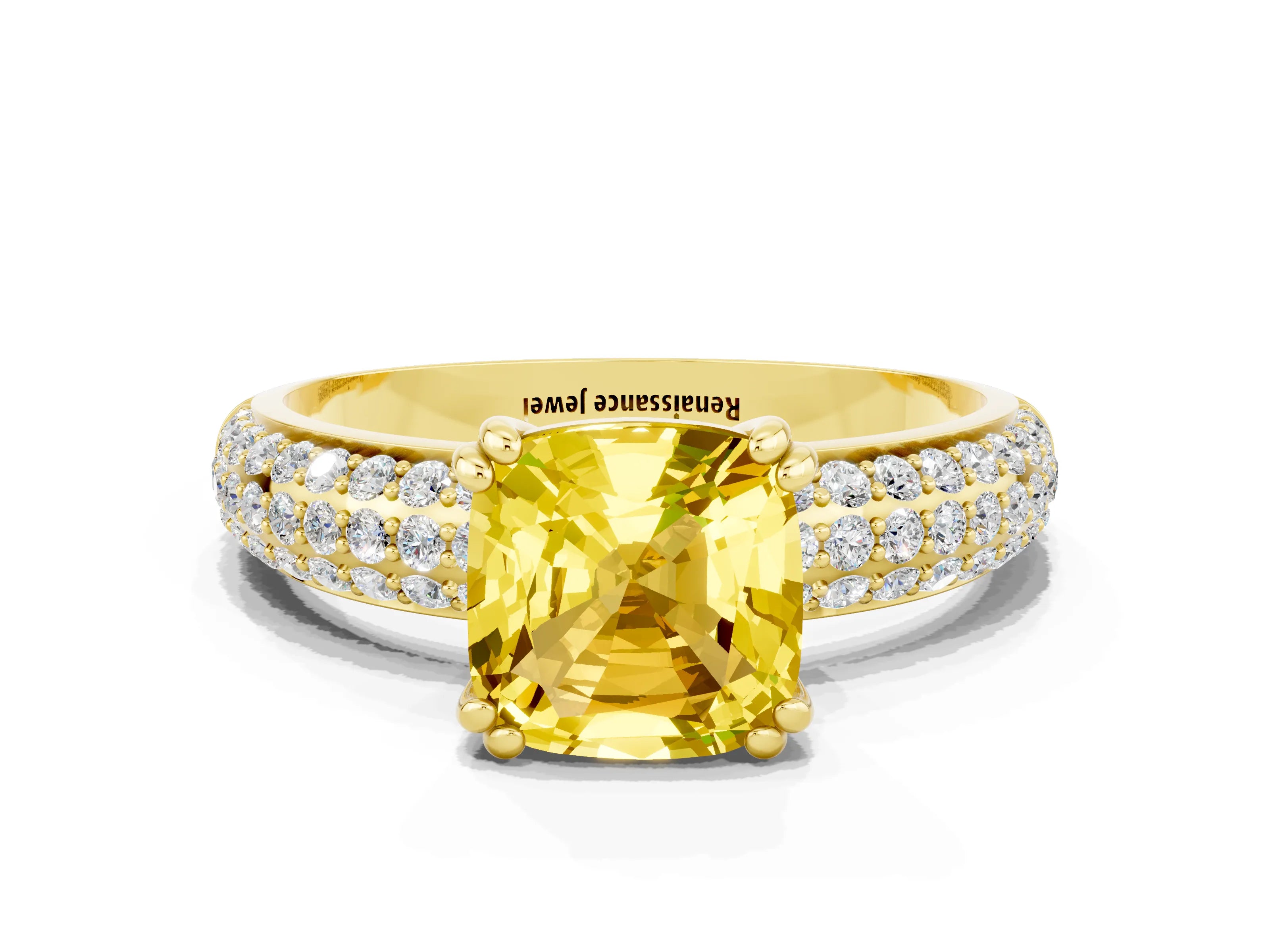 Yellow gold Cushion Cut Cut Pave Diamond Engagement Ring with Channel Set Band and Four-Prong Setting