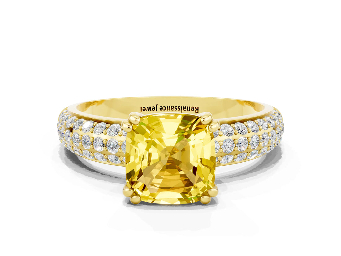 Yellow gold Cushion Cut Cut Pave Diamond Engagement Ring with Channel Set Band and Four-Prong Setting