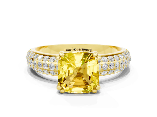 Yellow gold Cushion Cut Yellow Sapphire Solitaire Ring with Multi-Row Round Pavé Band and Prong Setting