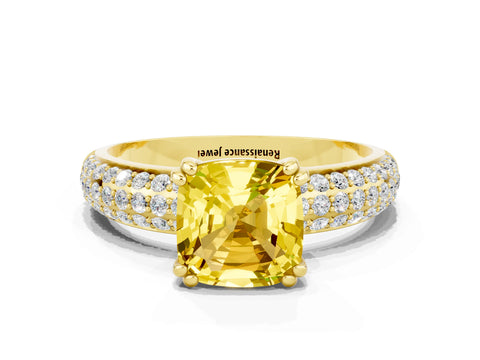 Yellow gold Cushion Cut Cut Pave Diamond Engagement Ring with Channel Set Band and Four-Prong Setting
