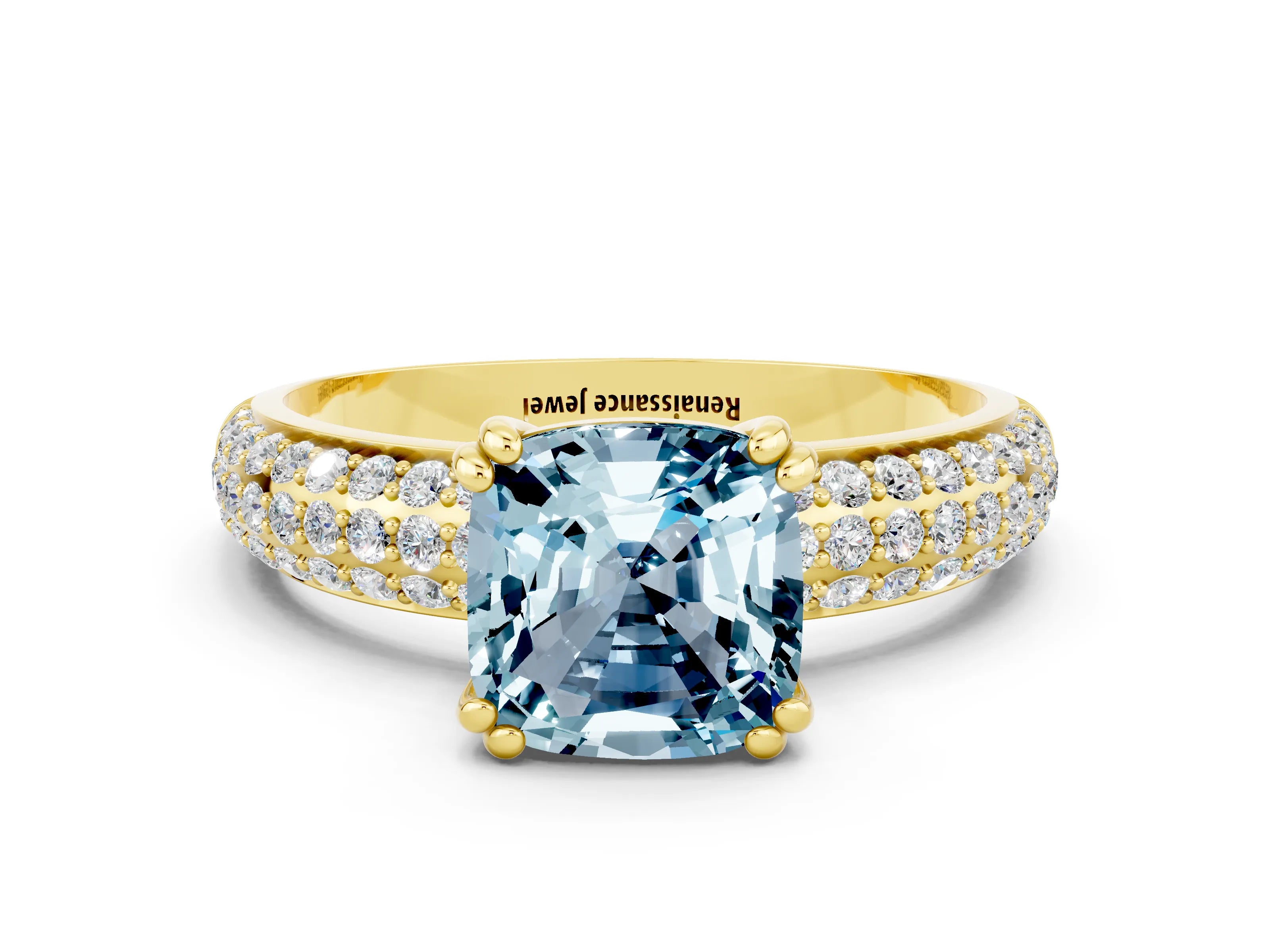 Yellow gold Cushion Cut Cut Pave Diamond Engagement Ring with Channel Set Band and Four-Prong Setting