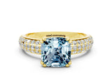 Yellow gold Cushion Cut Cut Pave Diamond Engagement Ring with Channel Set Band and Four-Prong Setting