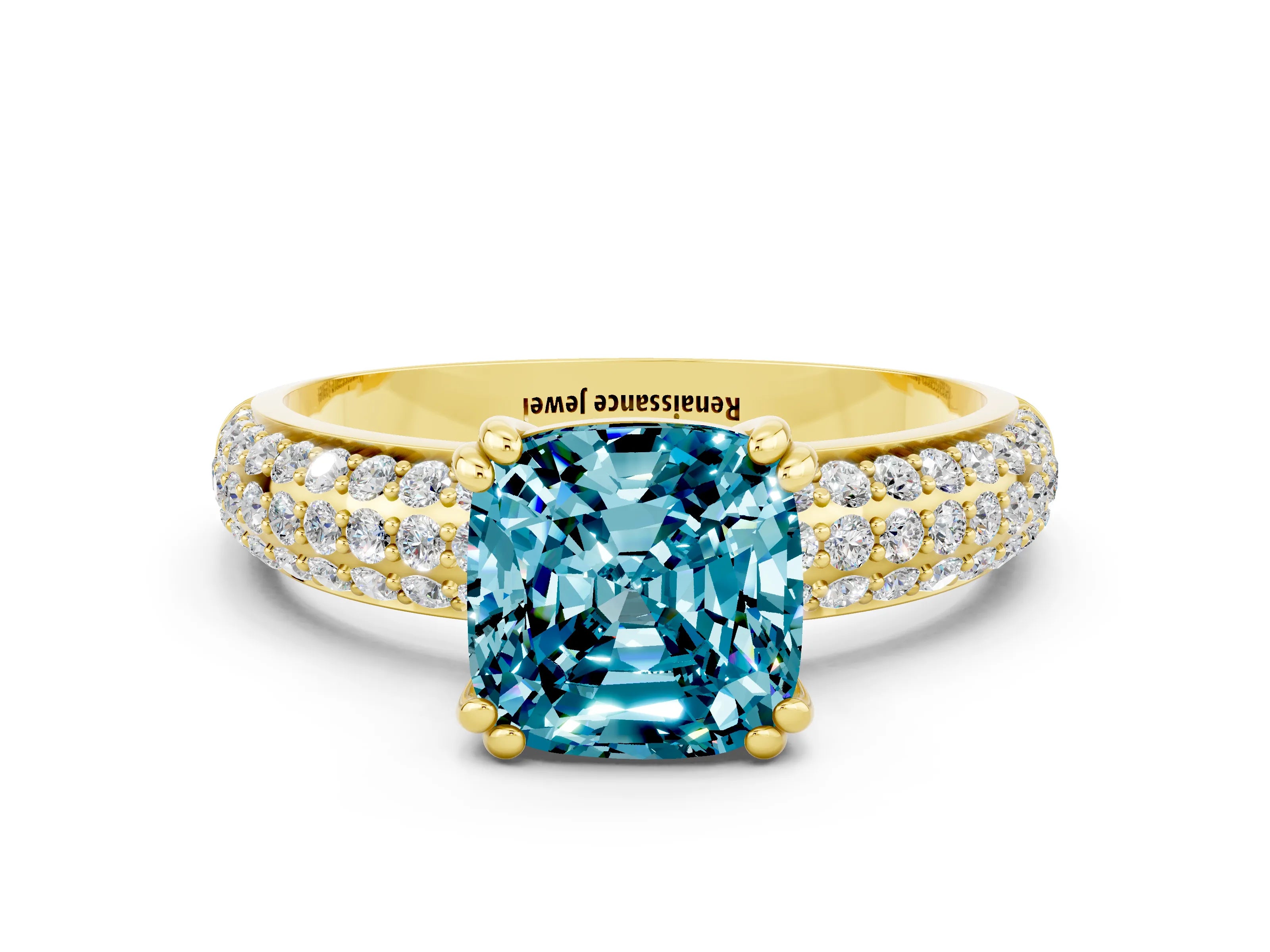 Yellow gold Cushion Cut Cut Pave Diamond Engagement Ring with Channel Set Band and Four-Prong Setting
