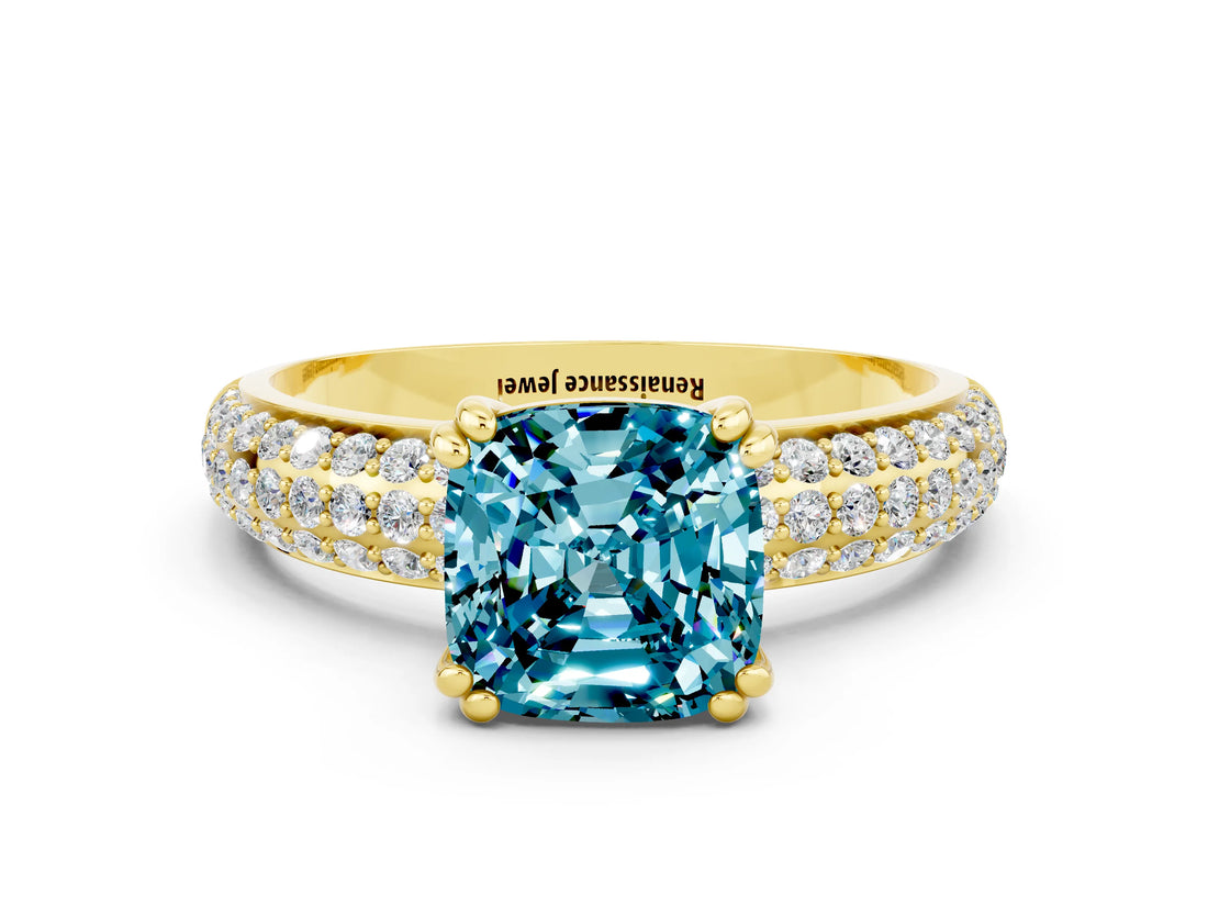 Yellow gold Cushion Cut Cut Pave Diamond Engagement Ring with Channel Set Band and Four-Prong Setting