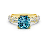 Yellow gold Cushion Cut Cut Pave Diamond Engagement Ring with Channel Set Band and Four-Prong Setting