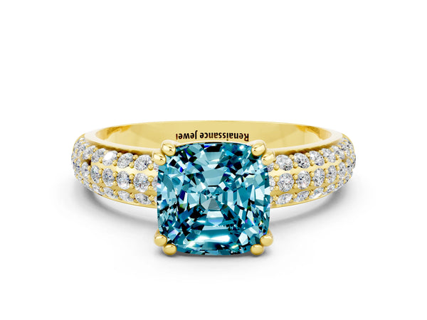 Yellow gold Cushion Cut Cut Pave Diamond Engagement Ring with Channel Set Band and Four-Prong Setting