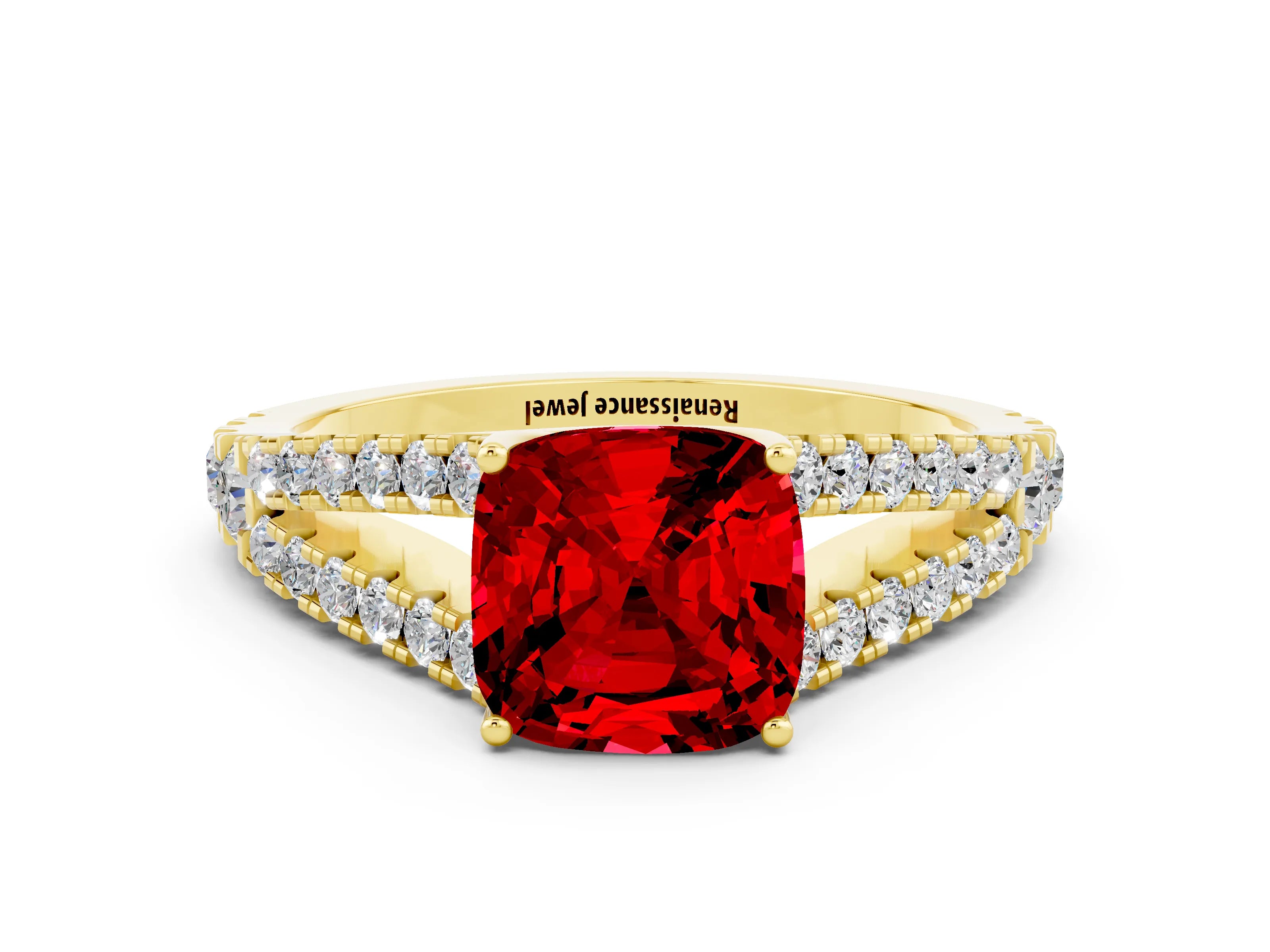 Yellow gold Cushion Cut Cut Split Shank Pave Diamond Engagement Ring with Four-Prong Setting