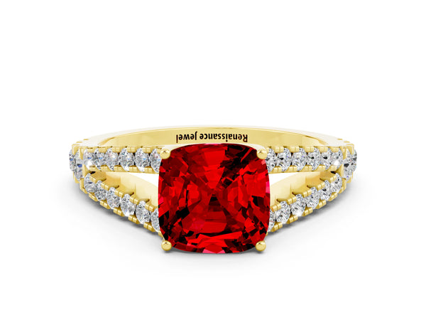Yellow gold Cushion Cut Ruby Split Shank Engagement Ring with Round Pavé and Prong Setting