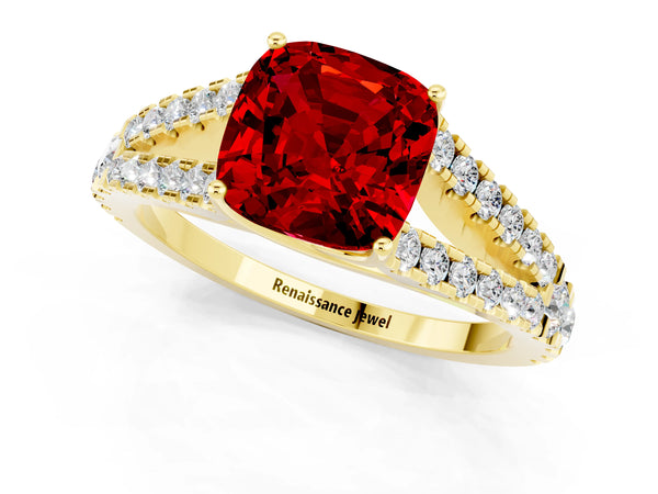 Yellow gold Cushion Cut Ruby Split Shank Engagement Ring with Round Pavé and Prong Setting