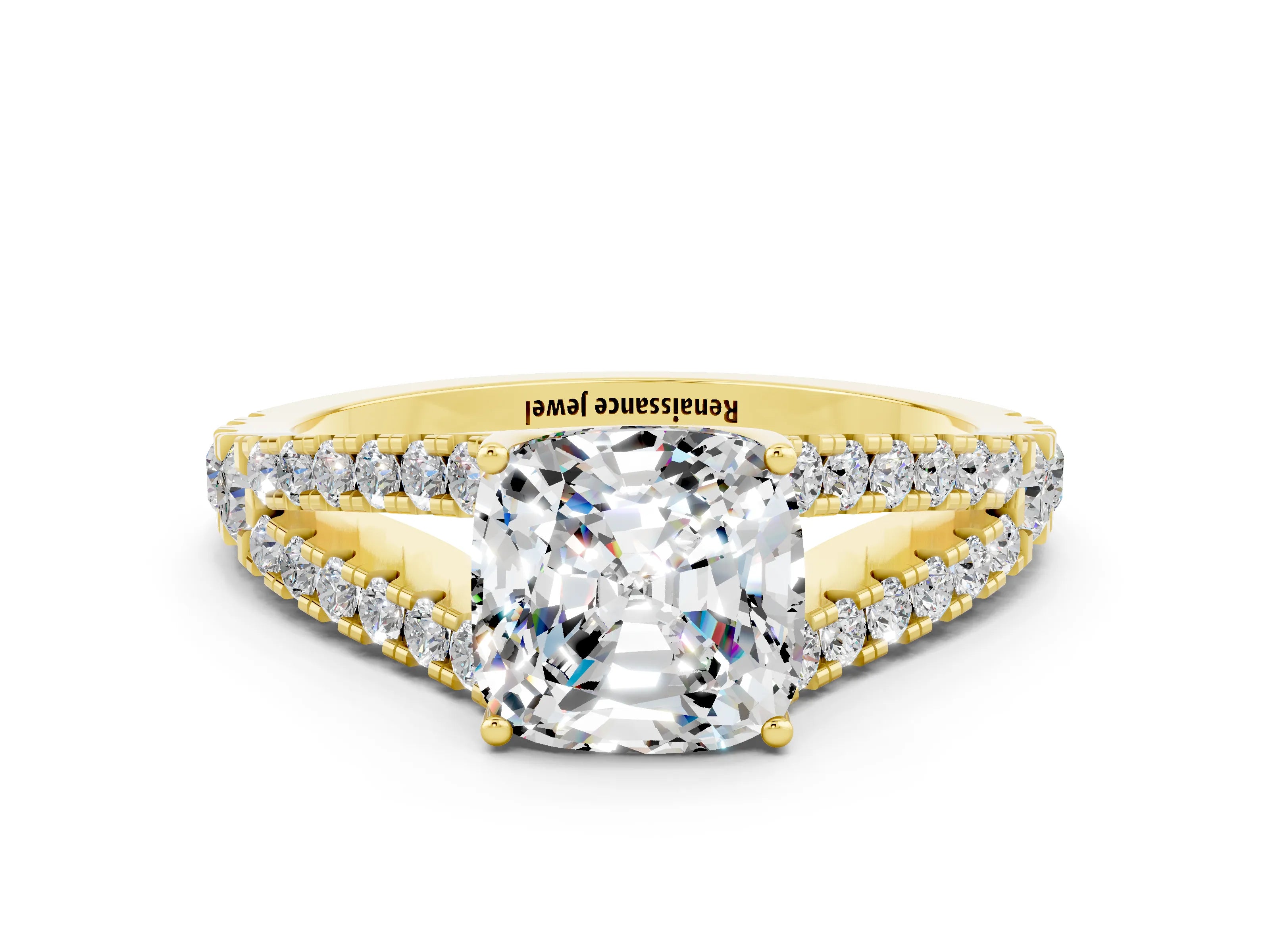 Yellow gold Cushion Cut Cut Split Shank Pave Diamond Engagement Ring with Four-Prong Setting